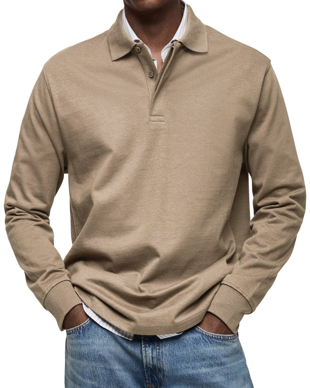 Julian long sleeve polo shirt in khaki, front view
