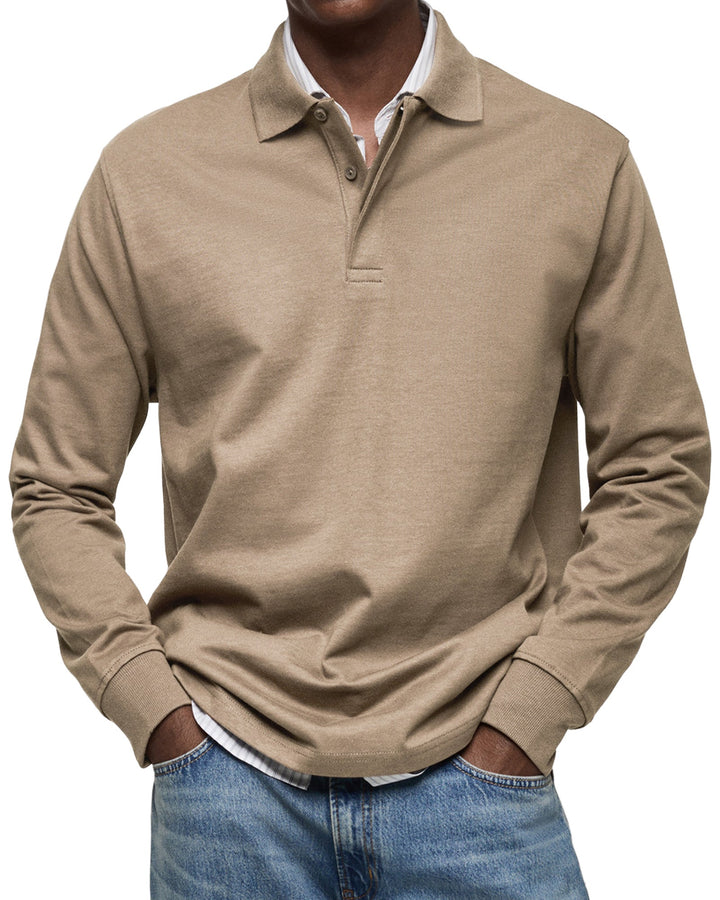 Julian long sleeve polo shirt in khaki, front view