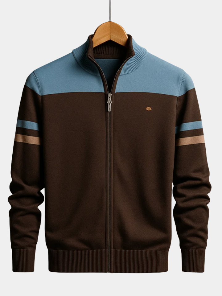 Julian colorblock zip cardigan in brown and blue, front view on hanger
