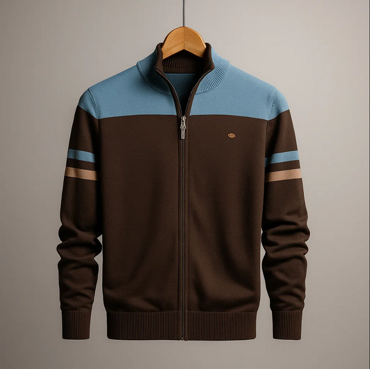 Julian colorblock zip cardigan in brown and blue, front view on hanger against beige backdrop