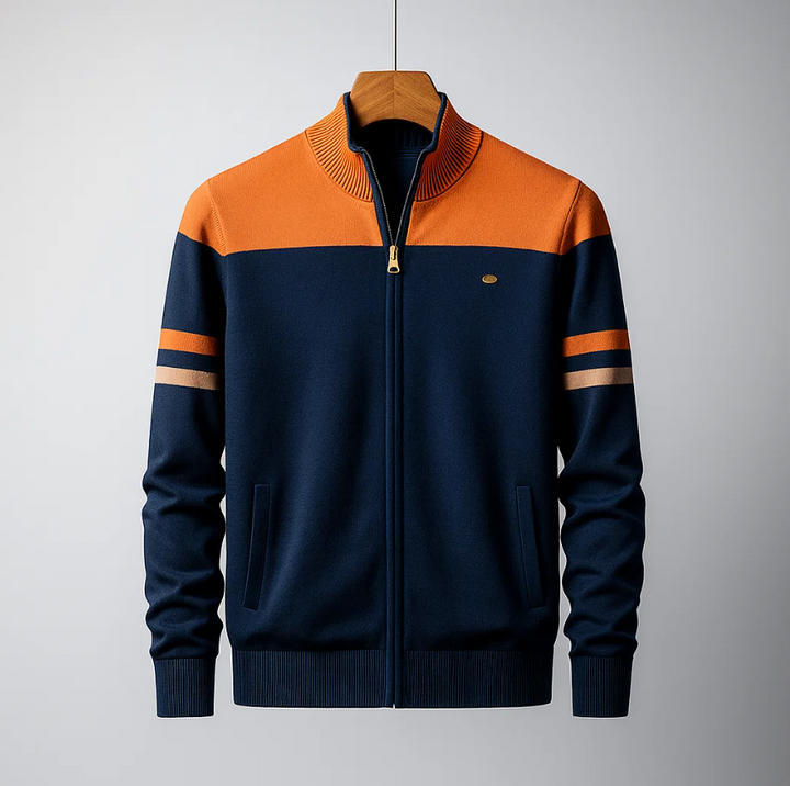 Julian colorblock zip cardigan in navy and orange, front view on hanger