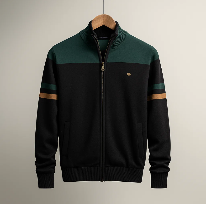 Julian colorblock zip cardigan in black and green, front view on hanger