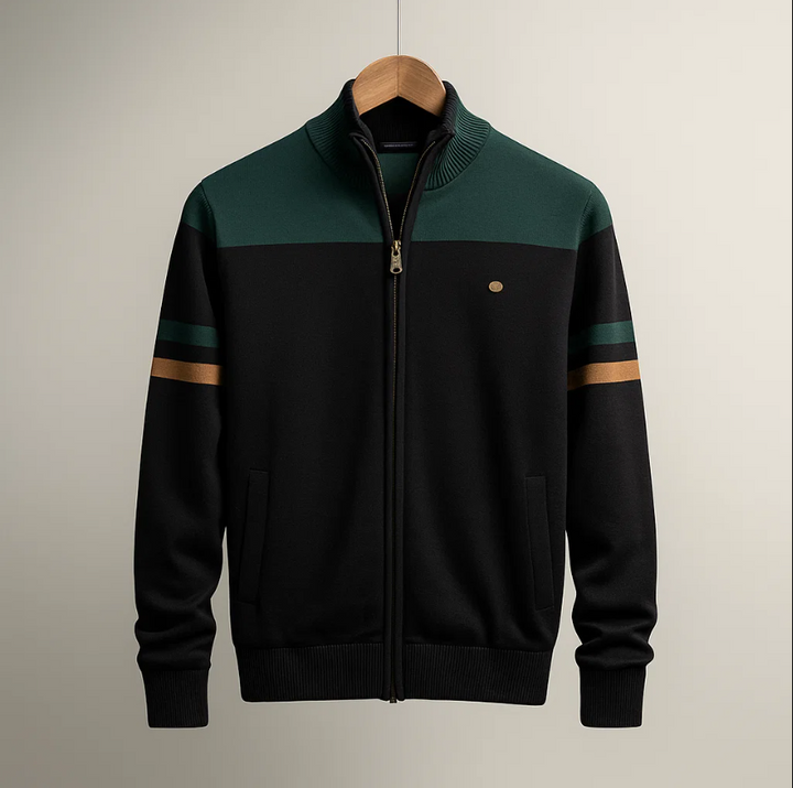 Julian colorblock zip cardigan in black and green, front view on hanger