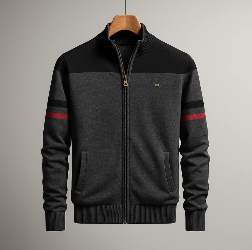 Julian colorblock zip cardigan in charcoal and black with red stripe, front view on hanger