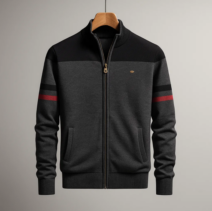 Julian colorblock zip cardigan in charcoal and black with red stripe, front view on hanger