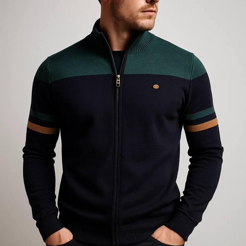 Man wearing Julian colorblock zip cardigan in black and green, close-up front view