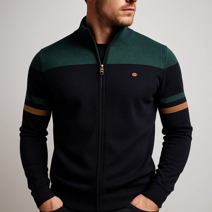 Man wearing Julian colorblock zip cardigan in black and green, close-up front view