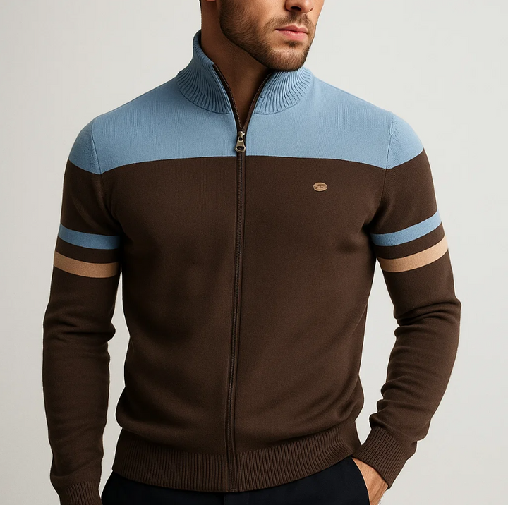 Man wearing Julian colorblock zip cardigan in brown and blue, close-up front view