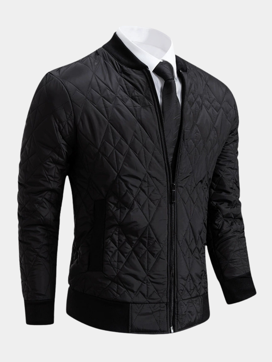Julian diamond quilted bomber jacket, front angled view in black