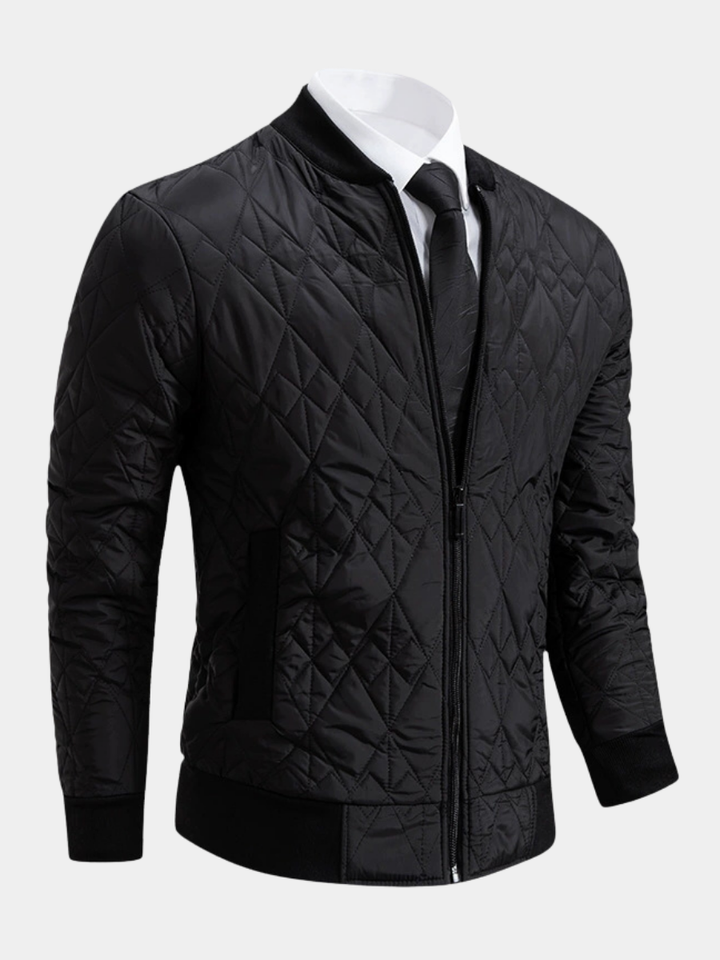 Julian diamond quilted bomber jacket, front angled view in black