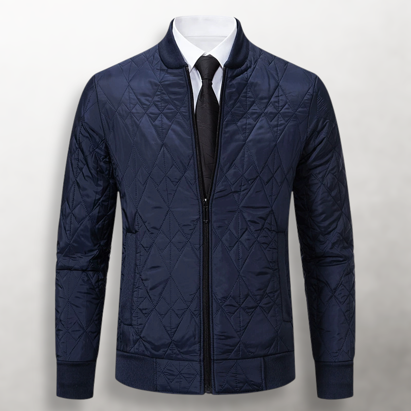 Julian quilted bomber jacket, front flat view in navy blue