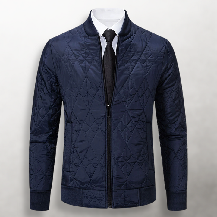 Julian quilted bomber jacket, front flat view in navy blue