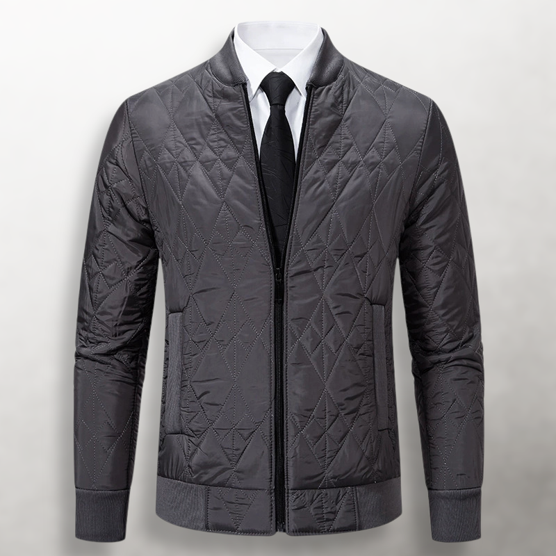 Julian quilted bomber jacket, front flat view in gray