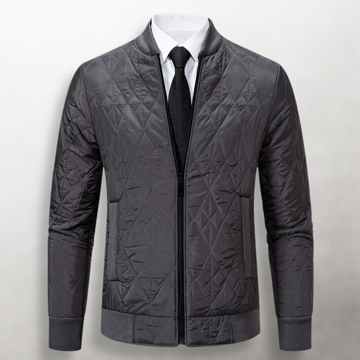Julian quilted bomber jacket, front flat view in gray