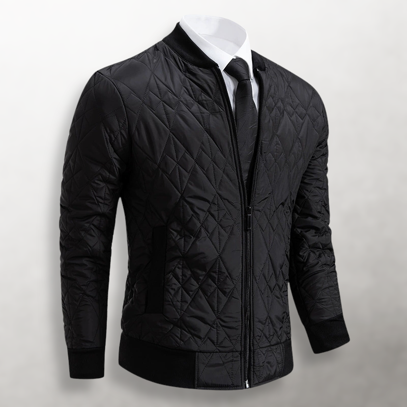 Julian quilted zip-front jacket, close angled view in black