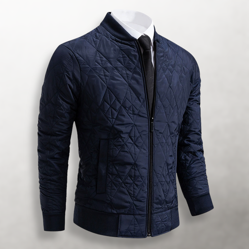 Julian quilted bomber jacket, front angled view in navy blue