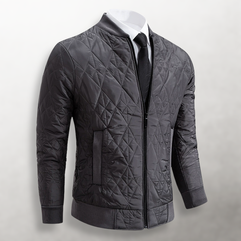 Julian quilted bomber jacket, front angled view in gray
