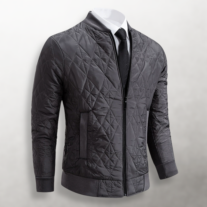 Julian quilted bomber jacket, front angled view in gray
