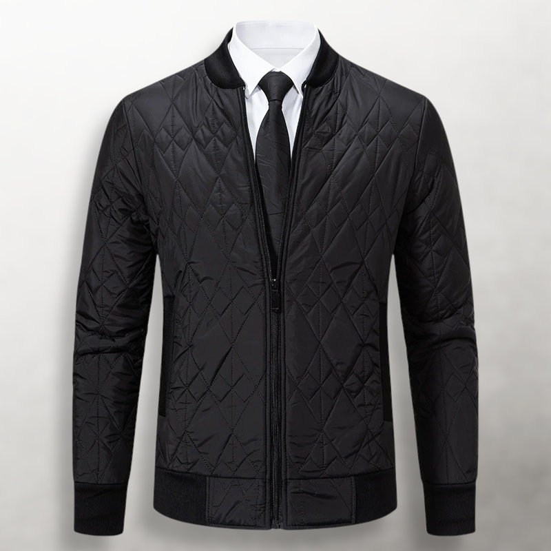 Julian quilted bomber jacket, front flat view in black