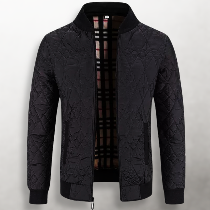 Julian quilted bomber jacket unzipped showing plaid inner lining, front view