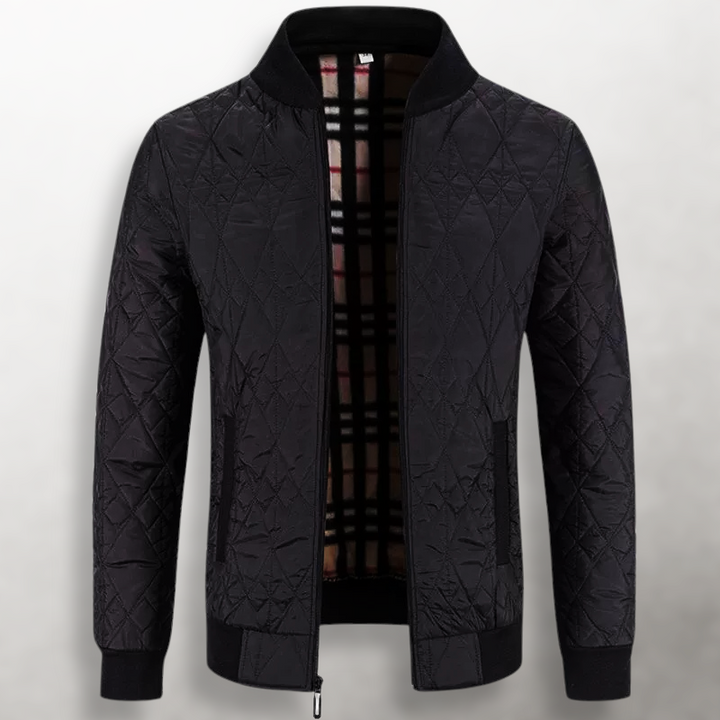 Julian quilted bomber jacket unzipped showing plaid inner lining, front view