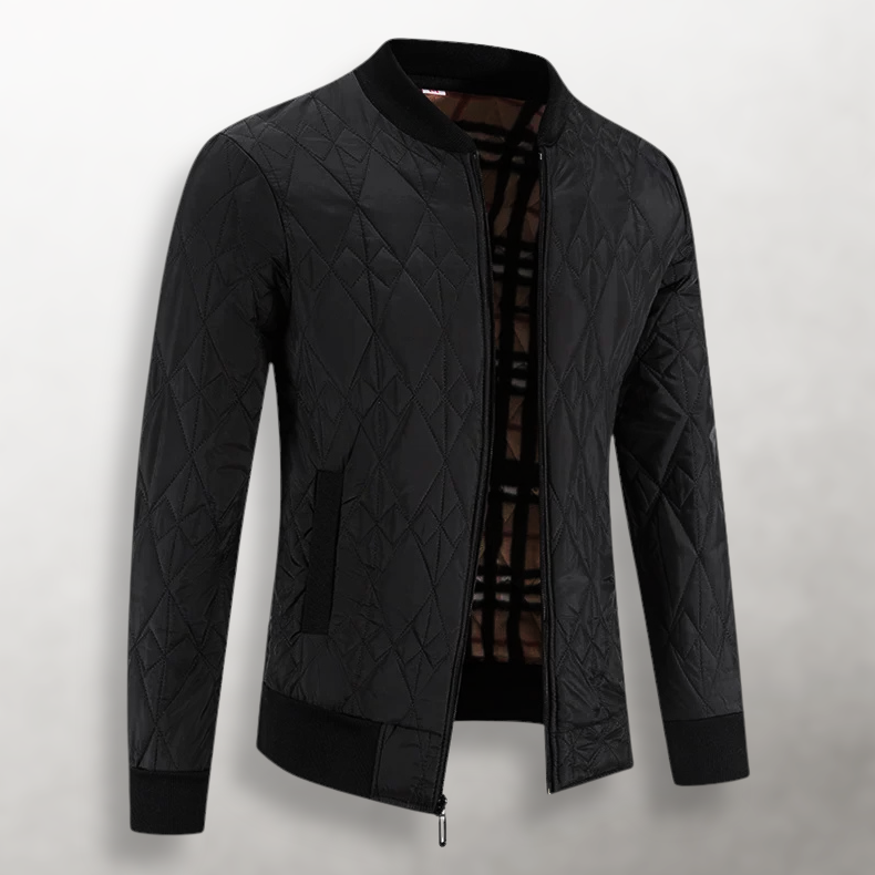 Julian quilted bomber jacket unzipped showing plaid inner lining, alternate view