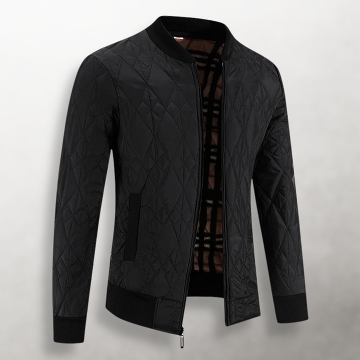 Julian quilted bomber jacket unzipped showing plaid inner lining, alternate view