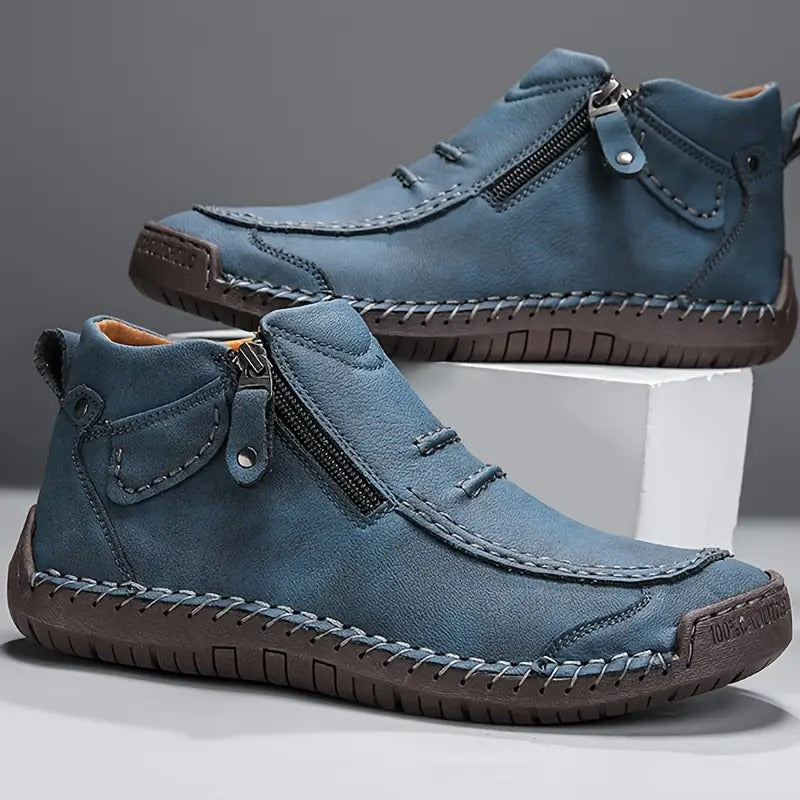 Julian ankle boots with side-zip closure and hand-stitched trim, pair view