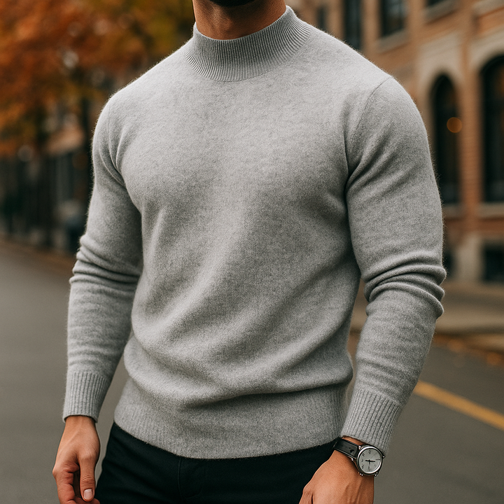 Julian mock neck turtleneck sweater in light gray, front view with watch detail