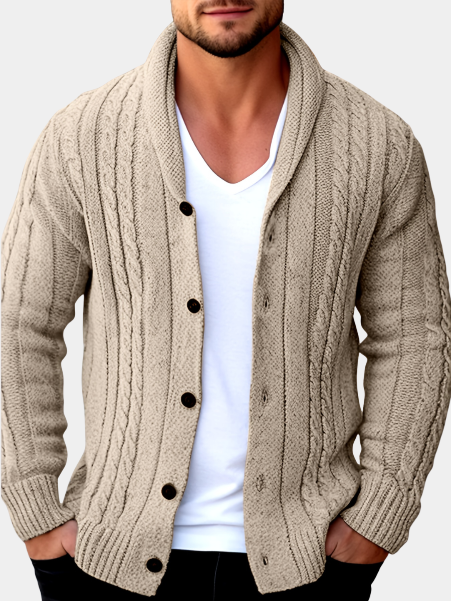 Julian beige textured cable knit cardigan with shawl collar, front view close-up