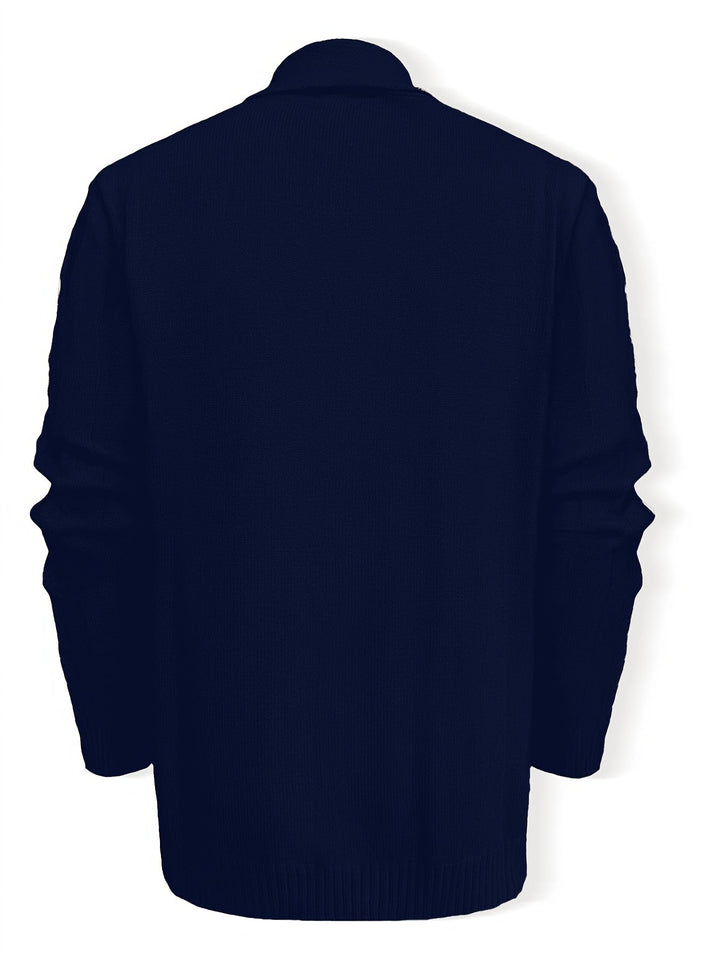 Julian navy blue cable knit cardigan, back view