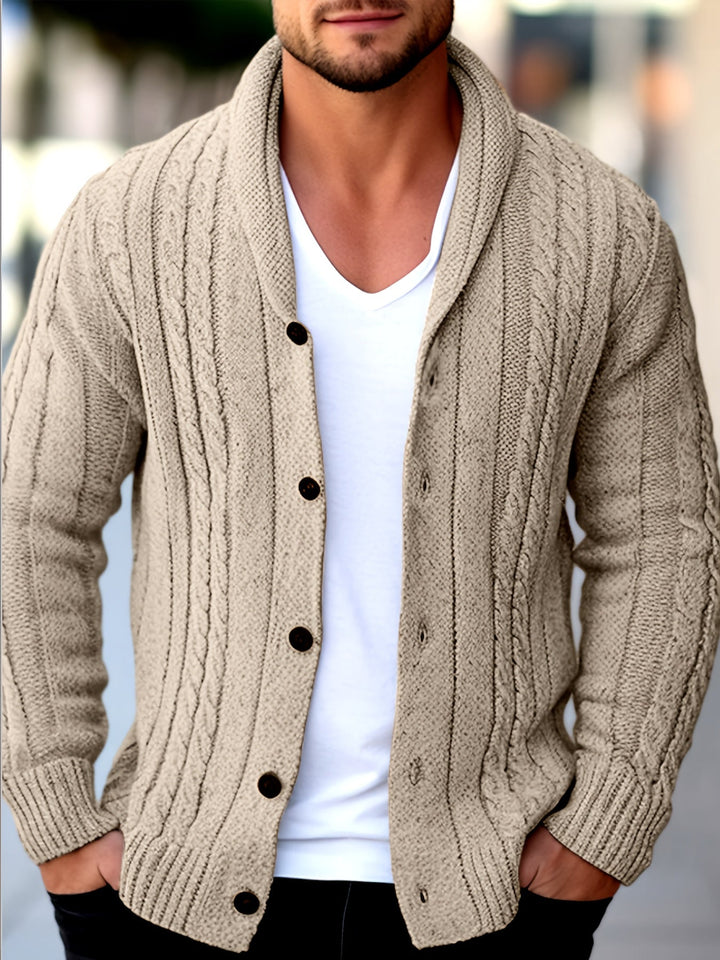 Julian beige cable knit cardigan with button-front closure, outdoor front view