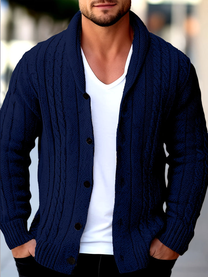 Julian navy blue cable knit cardigan with shawl collar, front view