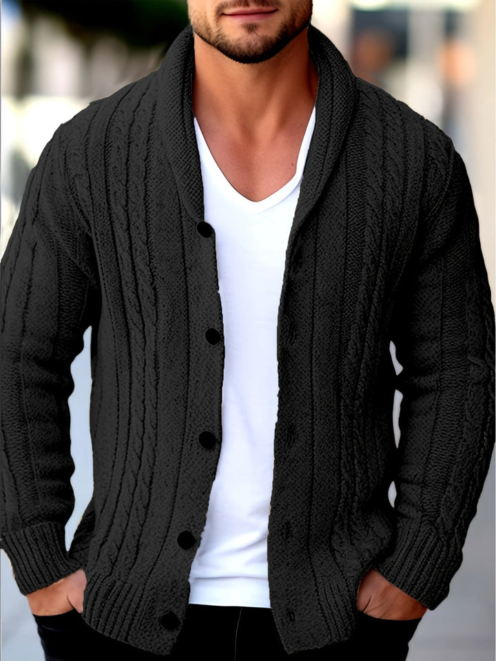 Julian black cable knit cardigan with shawl collar, front view
