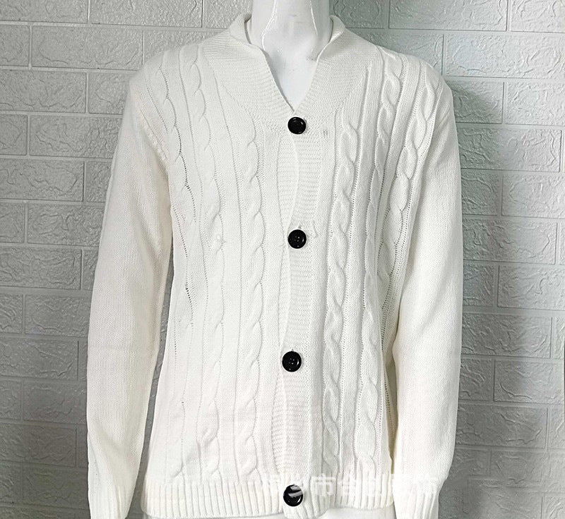 Julian white cable knit cardigan with V-neck collar, front flat view