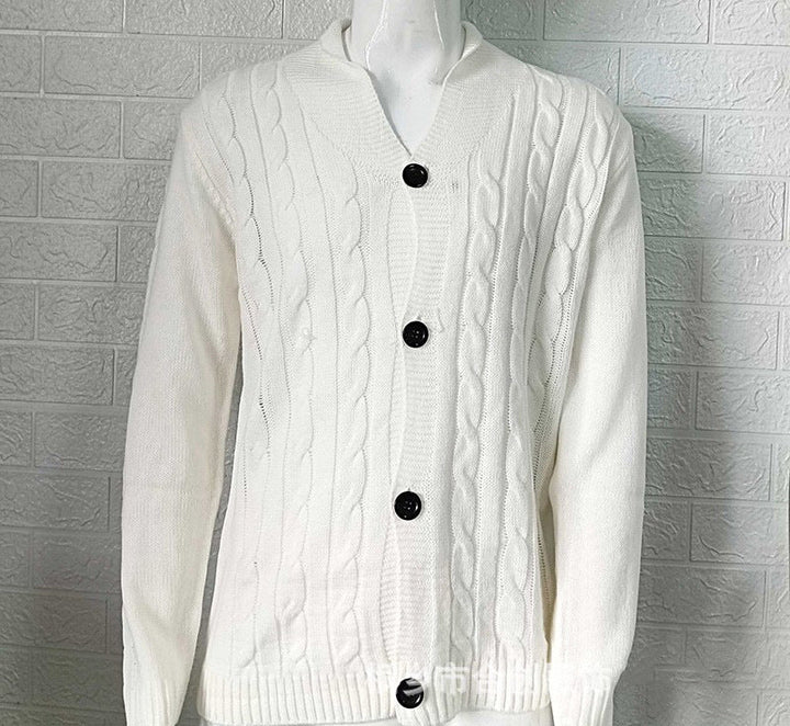 Julian white cable knit cardigan with V-neck collar, front flat view