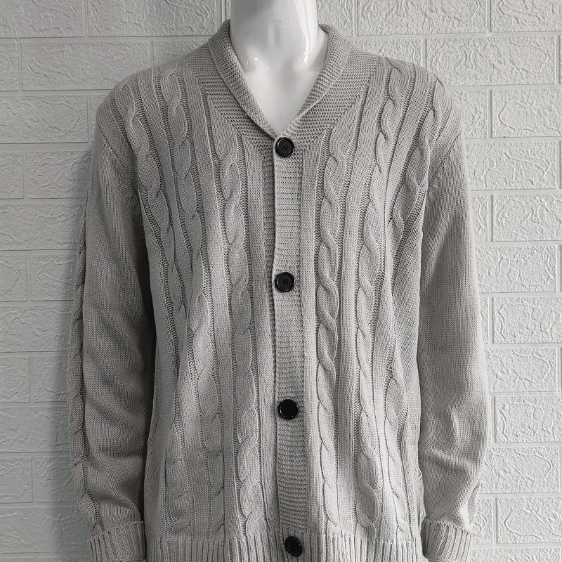Julian grey cable knit cardigan with V-neck collar, front flat view