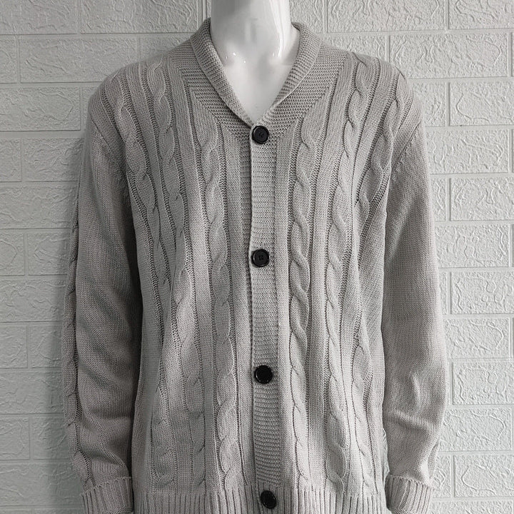 Julian grey cable knit cardigan with V-neck collar, front flat view