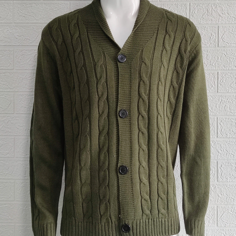 Julian green cable knit cardigan with V-neck collar, front flat view
