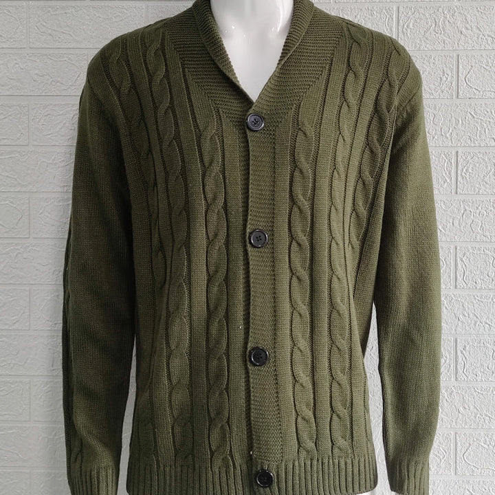 Julian green cable knit cardigan with V-neck collar, front flat view