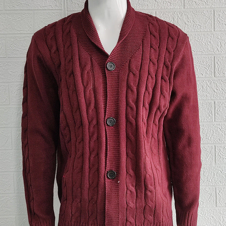 Julian burgundy cable knit cardigan with V-neck collar, front flat view