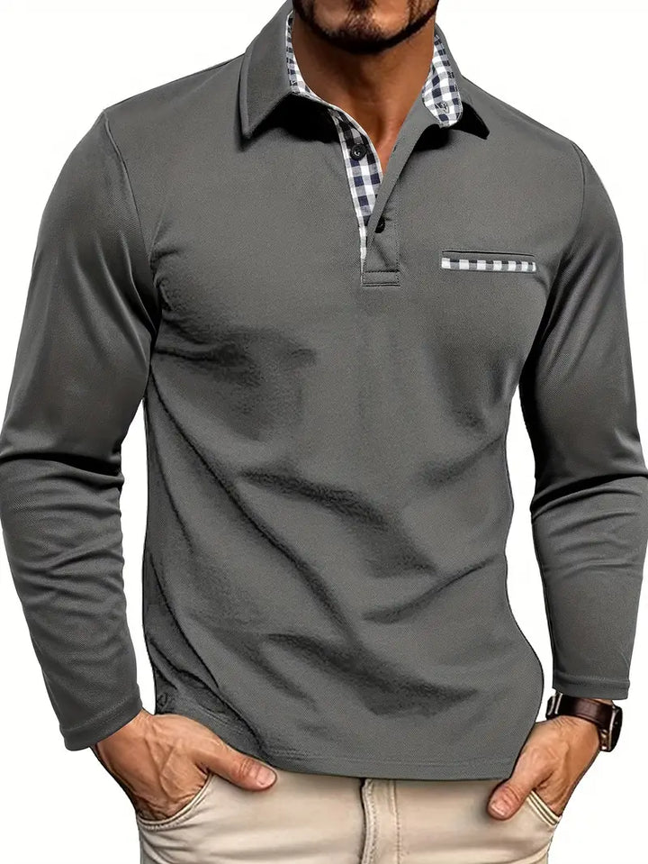 Julian long sleeve polo shirt close-up showing checkered collar and pocket trim