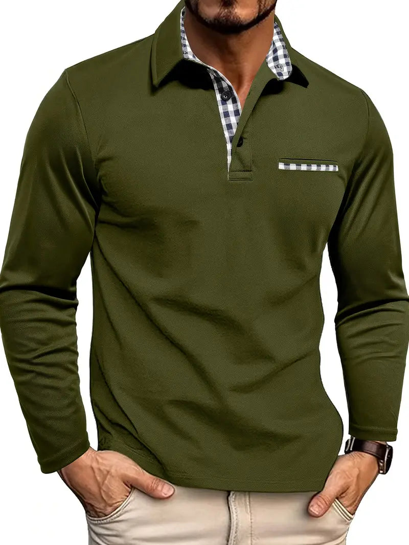 Julian long sleeve polo shirt in olive green with checkered collar trim