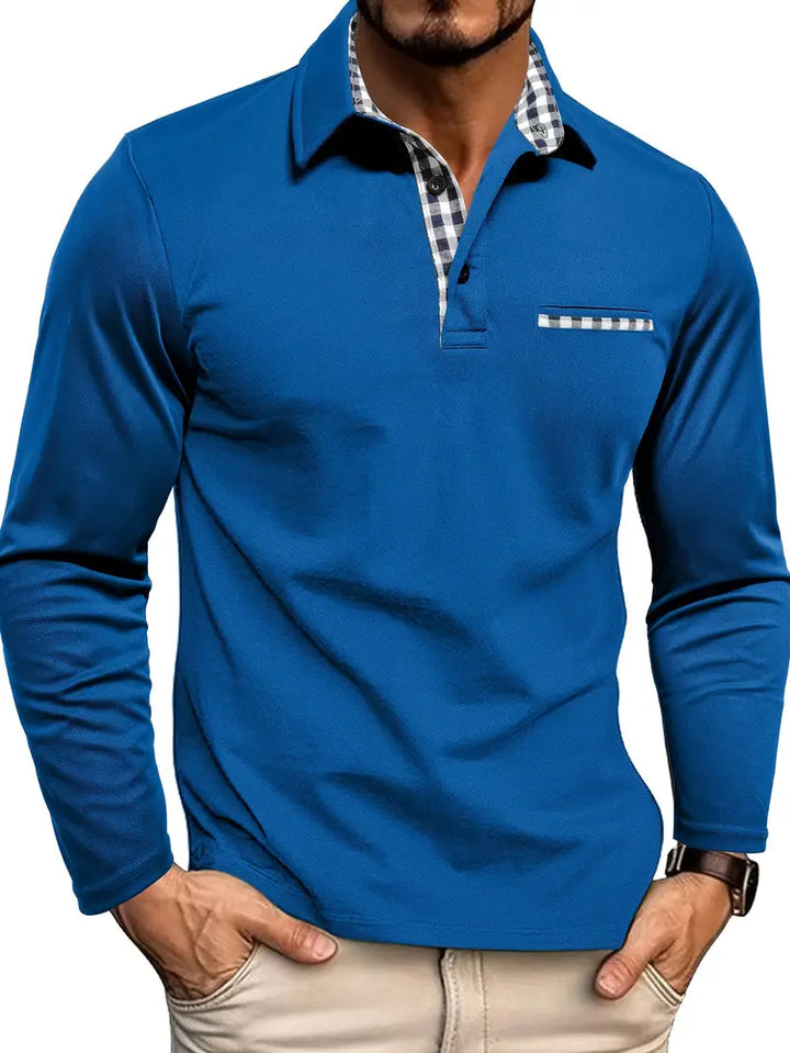 Julian long sleeve polo shirt in blue, front view with button placket detail