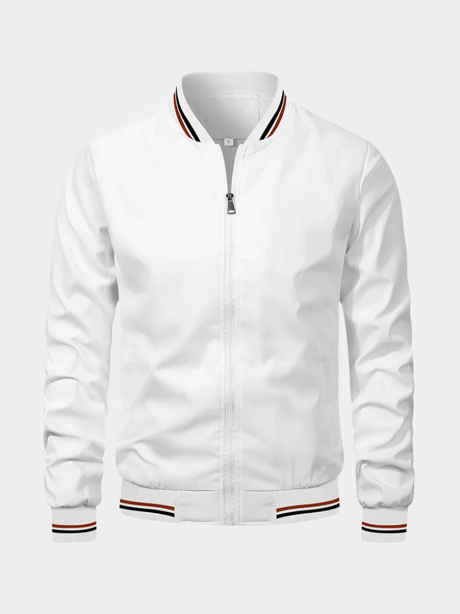 Julian bomber jacket in white with striped stand collar, front view