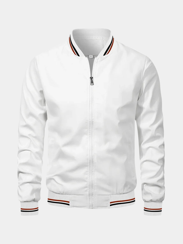 Julian bomber jacket in white with striped stand collar, front view