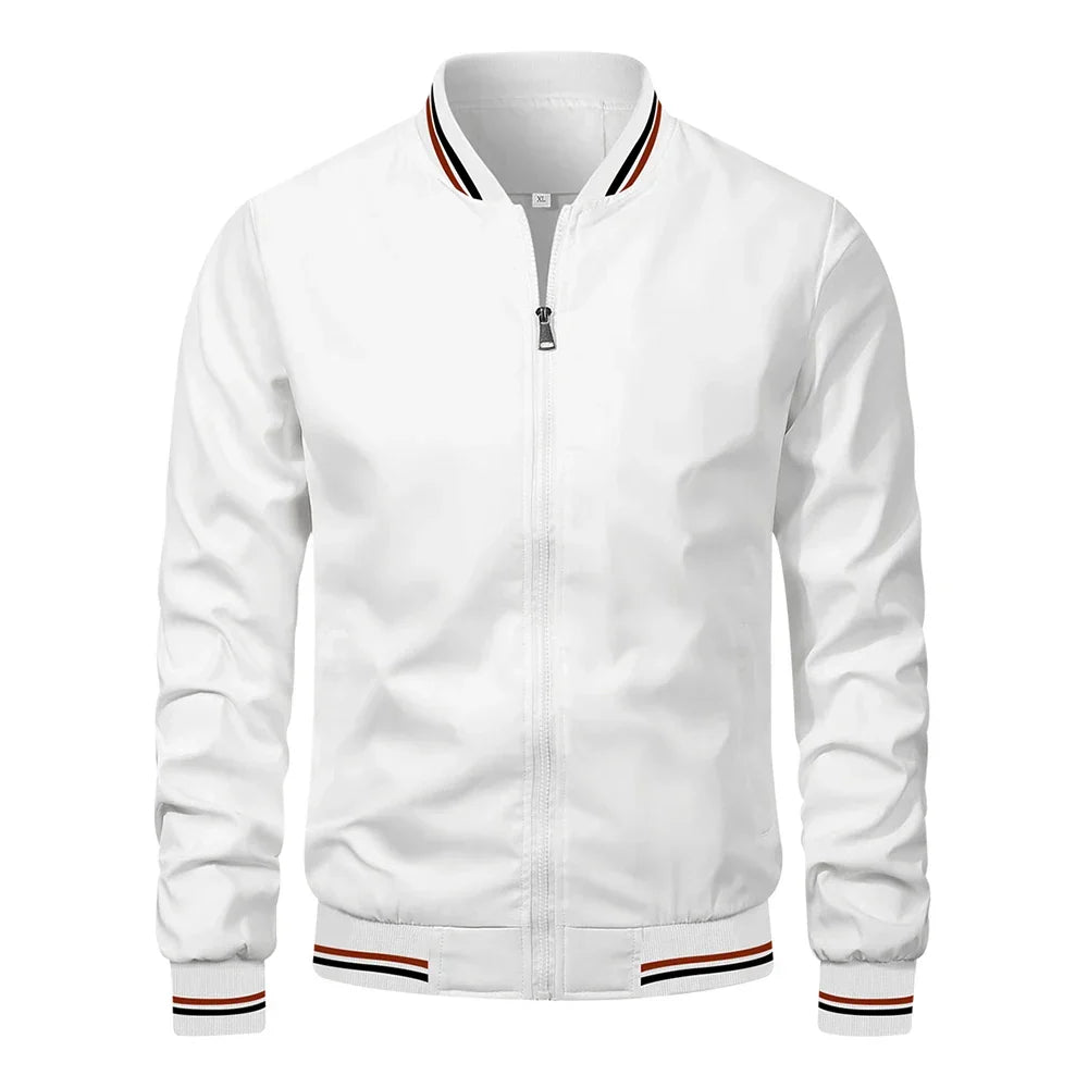 Julian bomber jacket in white with ribbed cuffs, front view