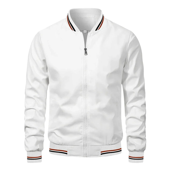Julian bomber jacket in white with ribbed cuffs, front view
