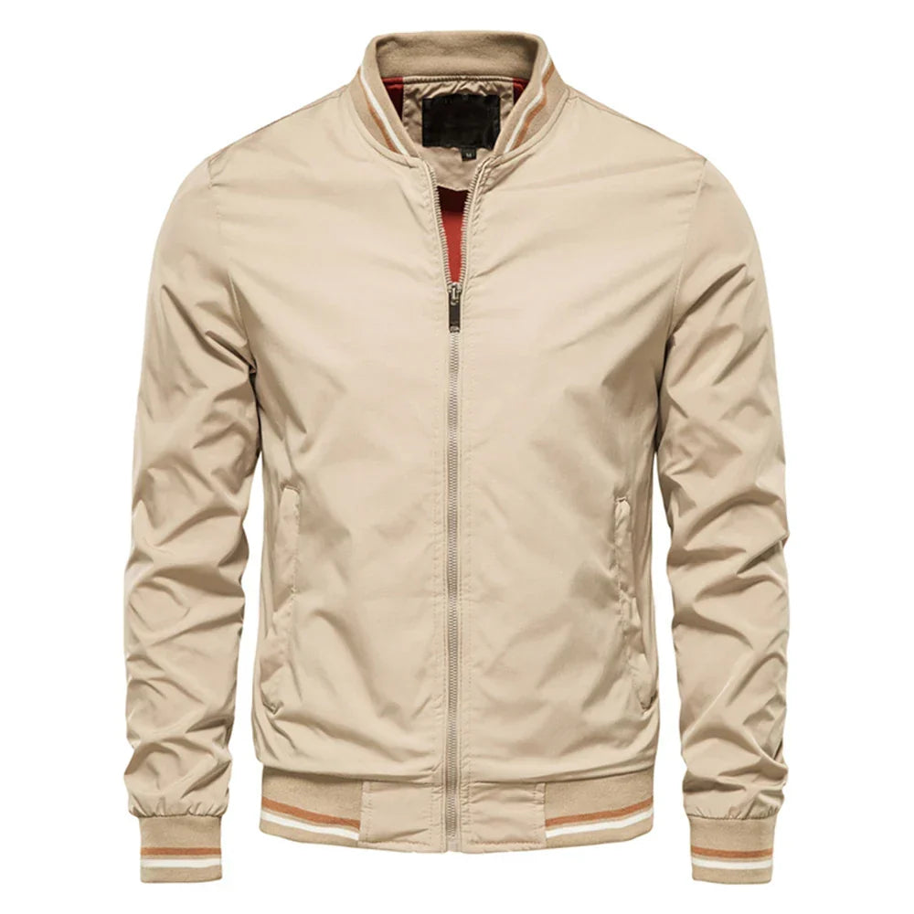 Julian bomber jacket in beige with contrast striped trim, front view