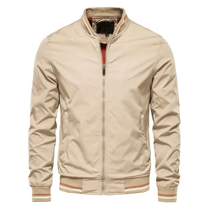 Julian bomber jacket in beige with contrast striped trim, front view